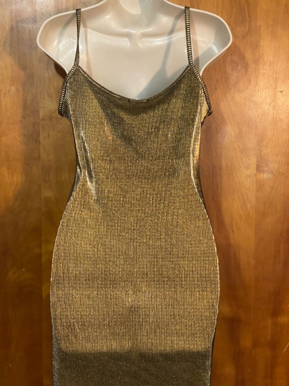 NWOT “BooHoo Night” party slip dress, metallic gold over black ribbed stretch, 4 - Picture 6 of 10
